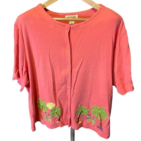 Bechamel Pink Embroidered Tropical Button Short Sleeved Knit Cardigan Top Sz XL - Picture 1 of 9